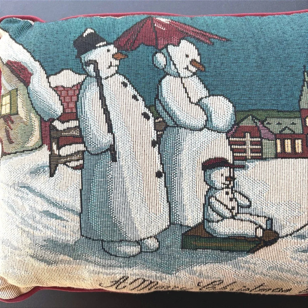 Vintage Snowman Family Tapestry Christmas Throw Pillow Red Backing 12x18 Festive
